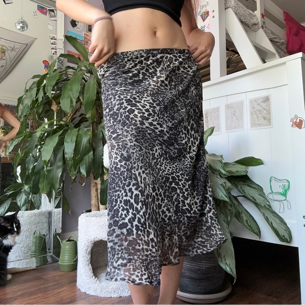 Leopard Print Mesh Midi Skirt